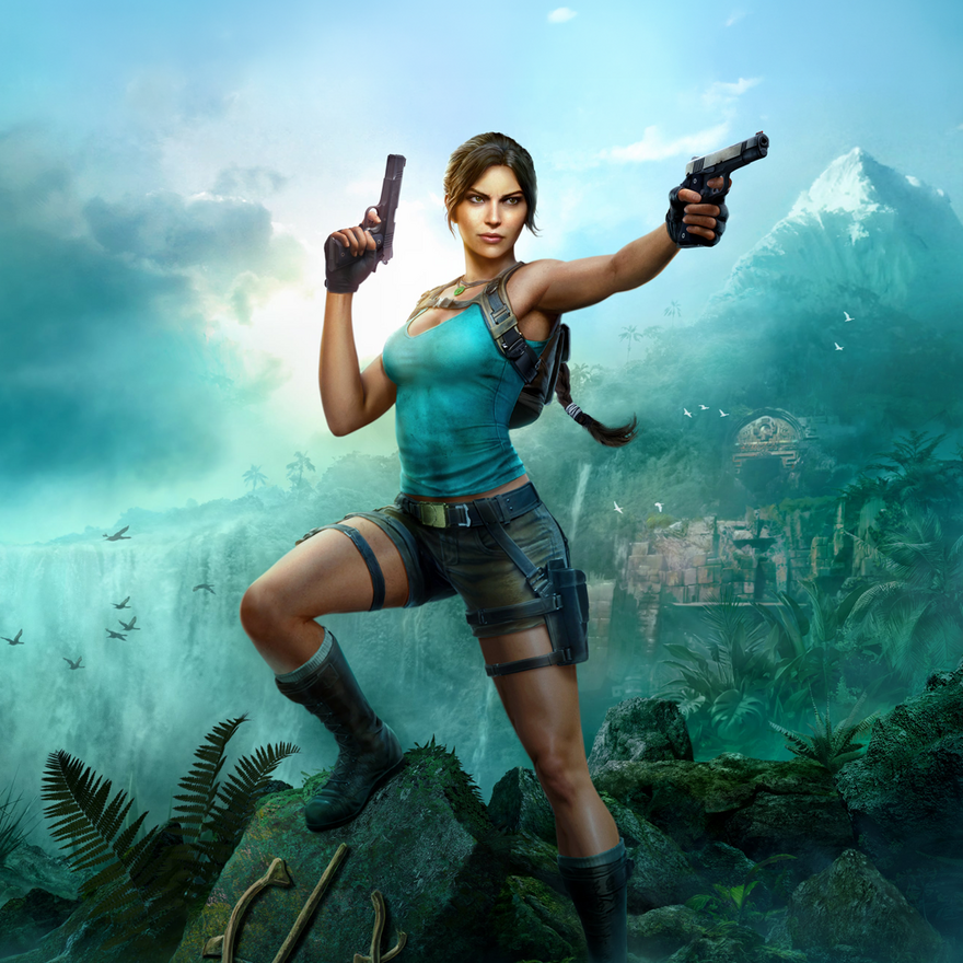 Artwork of Lara Croft stood with a gun in each hand, looking into the distance