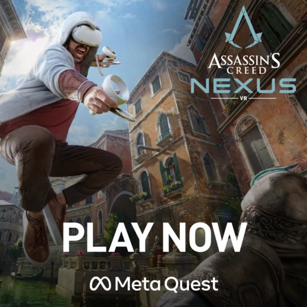 Image displays a man leaping into action, dressed in a grey hoodie and wearing a Meta Quest Device. Text reads: 