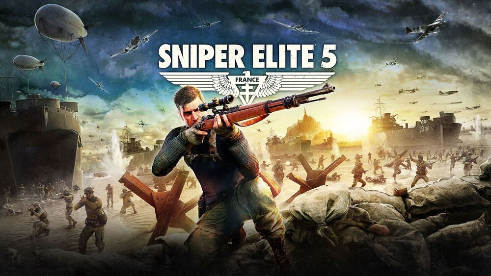 Sniper Elite 5 logo wigh animated war scenes in the background