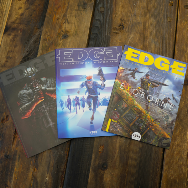 Photo taken of three Edge Magazine issues with the game art from Lords of the Fallen, Everywhere, and Exoborne featured on the cover.